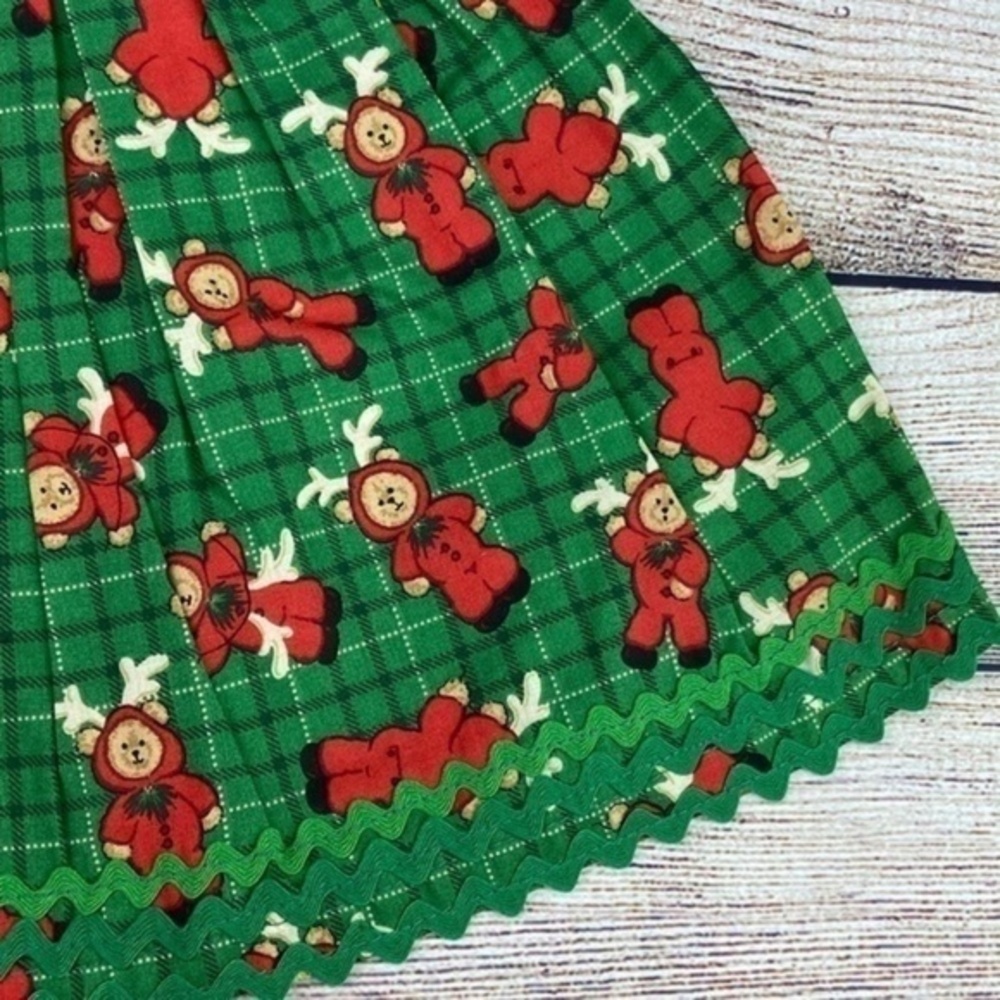 Handmade Vintage Doll Dress Green Red Teddy Bear Christmas Print Fabric - Picture 7 of 12